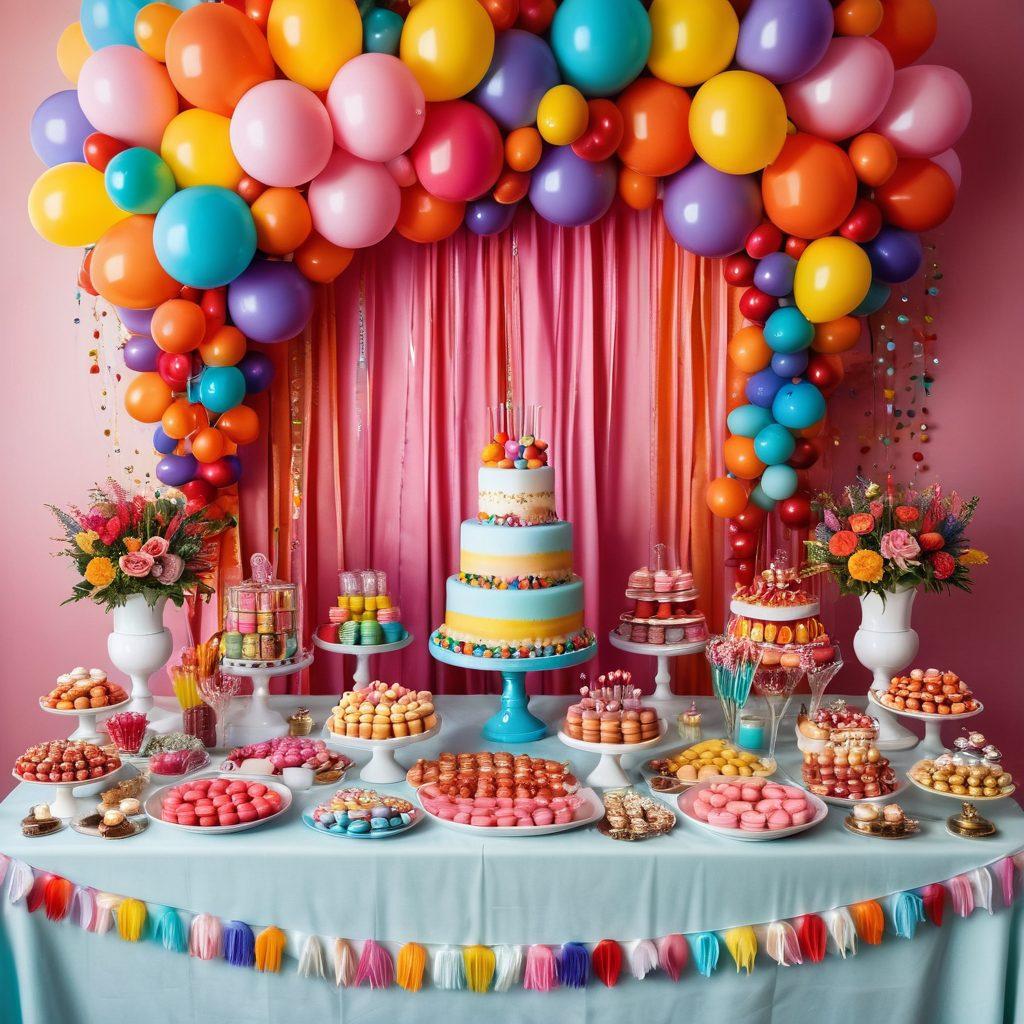 A vibrant and whimsical party scene featuring an impressive candy buffet filled with gourmet treats like colorful macarons, chocolate fountains, and lollipops. Surrounding the buffet, a group of joyful friends is decorating a festive table with balloons and streamers, showcasing the excitement of celebration. The background should include twinkling fairy lights and a cake adorned with edible flowers, capturing the essence of a perfect party. bright colors. festive atmosphere. super-realistic.
