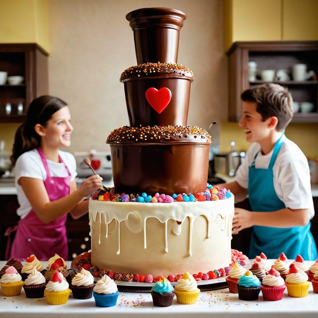 A whimsical kitchen scene filled with vibrant desserts, including a chocolate fountain, colorful cupcakes, and intricately designed sugar art decorations. A family of diverse characters joyfully working together, with flour dust floating in the air. Soft lighting to create a warm, inviting atmosphere that captures the essence of family bonding through baking. playful and joyful elements in the surroundings, like sprinkles and heart-shaped molds. bright colors. super-realistic.