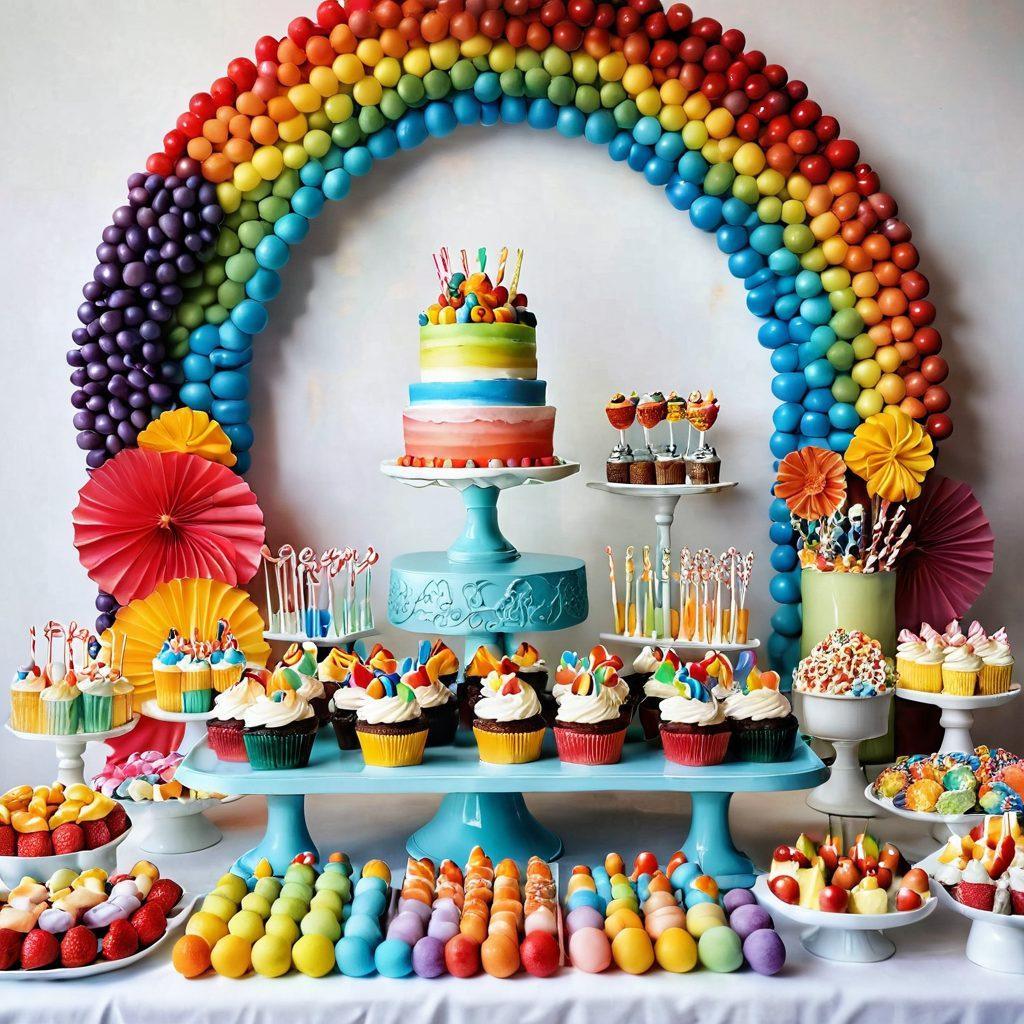 A whimsical dessert table overflowing with colorful candies and decadent treats, showcasing a rainbow of creative candy recipes. Include intricately designed cupcakes, lollipops, and a chocolate fountain surrounded by fresh fruits. Soft pastel colors and playful decorations add a festive touch, set in a cozy, inviting atmosphere. Super-realistic. Vibrant colors. White background.